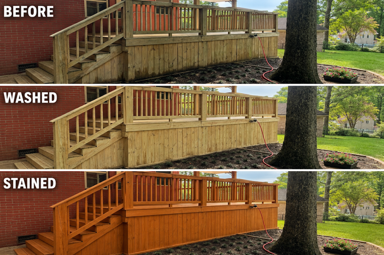 Deck staining process 1: before, washed and stained