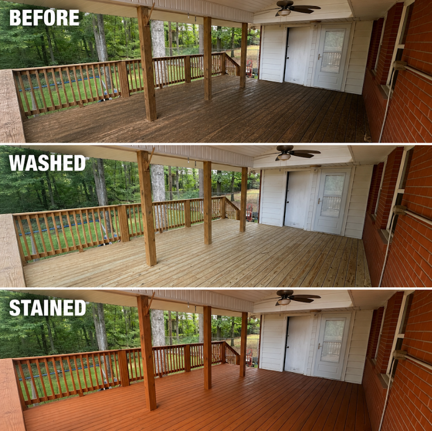 Deck staining process 2: before, washed and stained
